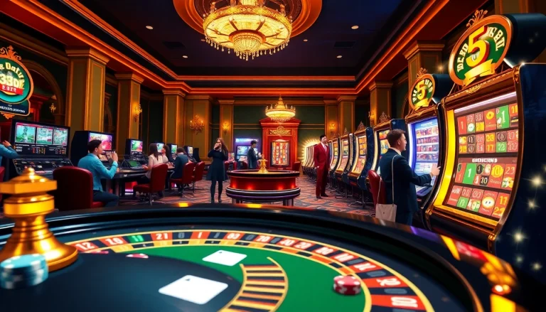 Exciting online gambling scene at 33win with poker chips, roulette wheel, and animated games.
