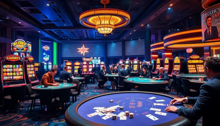 Players enjoying table games and slots at 8day casino, showcasing excitement and luxury.