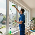 Professioneller Gebäudereiniger aus Münster reinigt sorgfältig Fenster und zeigt hochwertige Reinigungsdienste in einem hellen Zuhause.