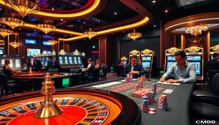 Players enjoying high stakes at a casino table featuring CM88 chips, exuding excitement.