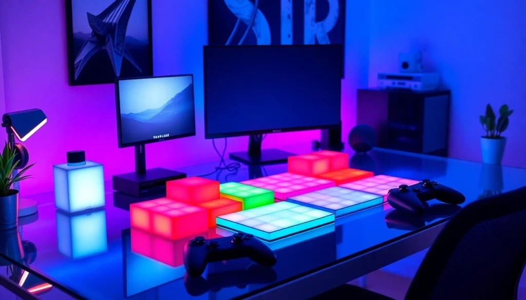 Nanoleaf Block Test showcasing modular RGB lighting setup in a modern workspace.