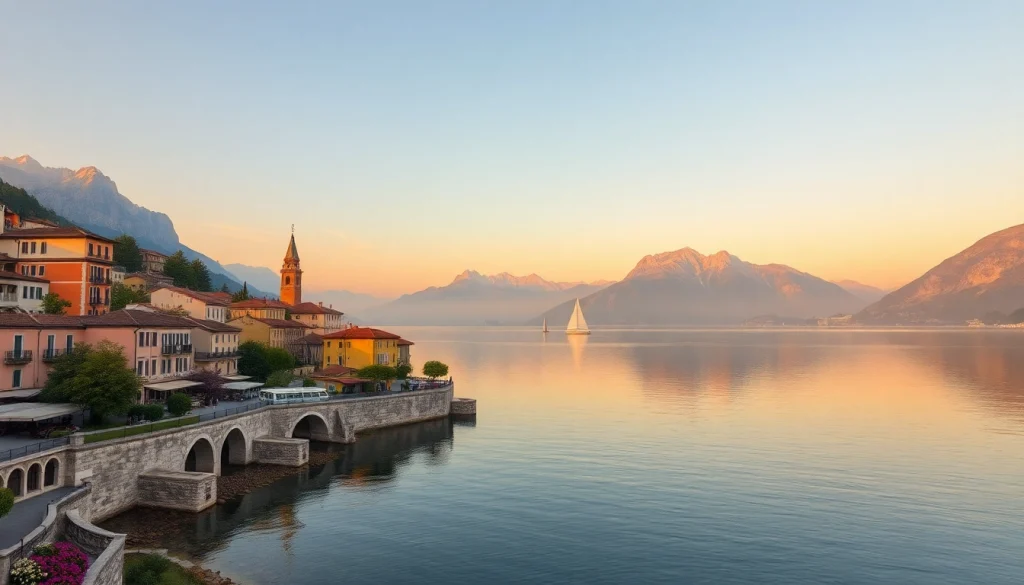 Wunderschöner Sonnenaufgang über dem Gardasee, der eine ruhige Landschaft für den Urlaub am Gardasee mit charmanten Orten und Segelbooten zeigt.