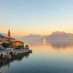 Wunderschöner Sonnenaufgang über dem Gardasee, der eine ruhige Landschaft für den Urlaub am Gardasee mit charmanten Orten und Segelbooten zeigt.