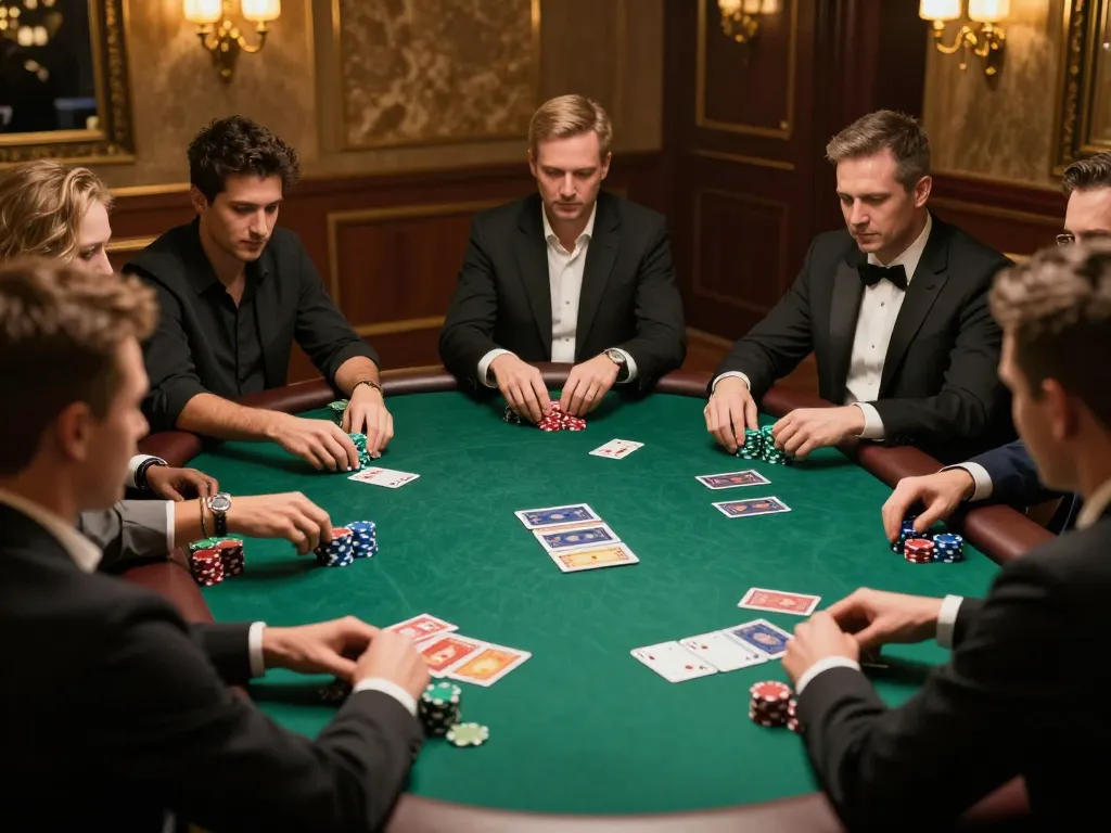 Players strategically betting at 56WIN poker table in a luxurious casino setting