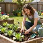 Gardener planting lauchpflanzen in a sunny backyard vegetable patch.
