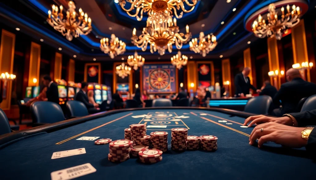 Players enjoying high-stakes poker at 99win casino, showcasing excitement and luxury.