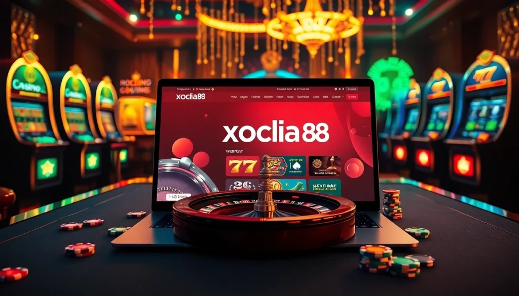 Engaging online gaming scene highlighting xocdia88 with vibrant casino elements and a sleek gambling interface.