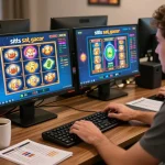 Player enjoying situs slot gacor games at a cozy home gaming setup, emphasizing strategic online gambling.