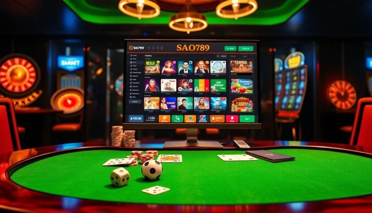 Experience the thrill of gaming at SAO789, featuring a luxurious online casino setup with vibrant action.