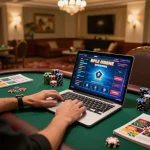 Engaged player strategizing at bet88.com with laptop, colorful poker graphics, and gaming elements visible