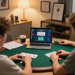 KJC players strategizing in a professional online poker game at home, showcasing a cozy and engaging atmosphere
