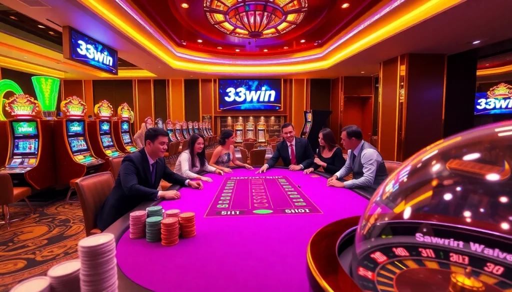 Experience the thrill of 33win at a vibrant, luxurious casino poker table filled with chips and excitement.