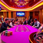 Experience the thrill of 33win at a vibrant, luxurious casino poker table filled with chips and excitement.