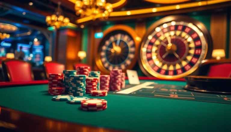 Experience thrilling gambling action with luckywin at a luxurious casino table filled with poker chips.