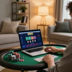 Player enjoying online gaming at MB66 with poker chips and laptop in warm home setting.