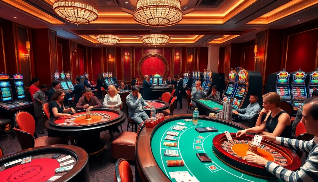 Engaging gameplay at https://tg88m.com/ showcasing poker tables, roulette wheels, and vibrant slot machines.