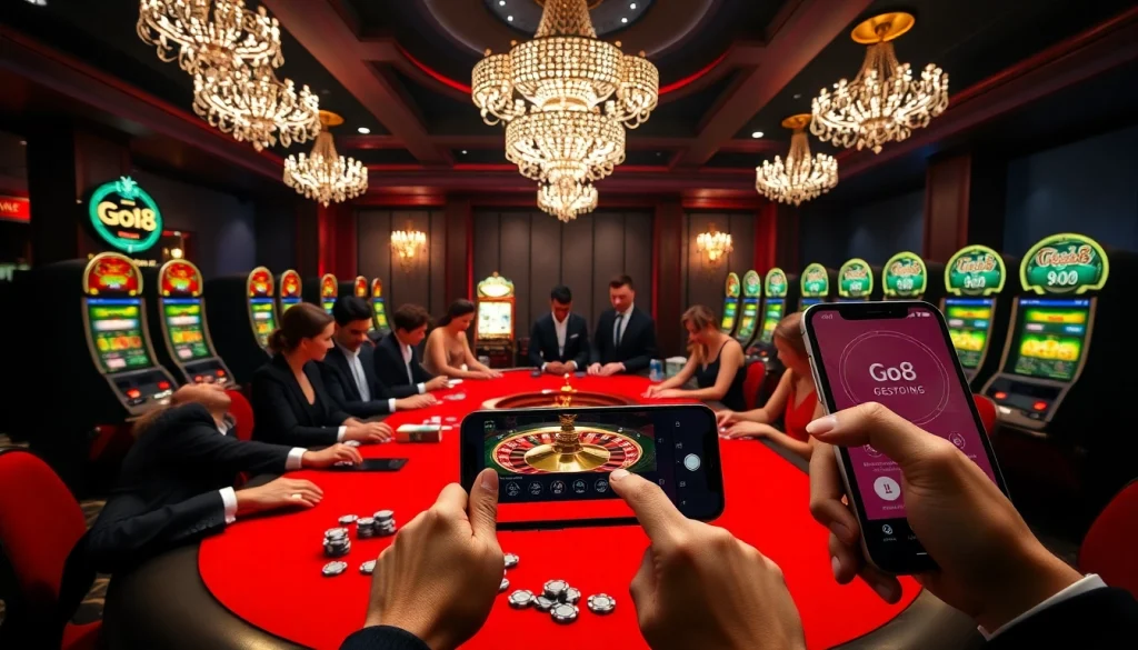 Go8 betting app interface in a luxurious casino setting with poker and slot machines.