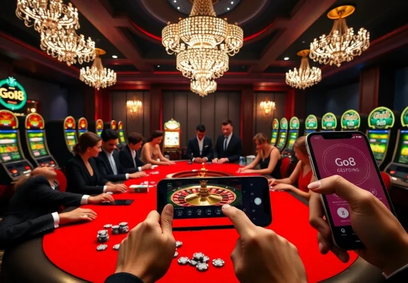 Go8 betting app interface in a luxurious casino setting with poker and slot machines.