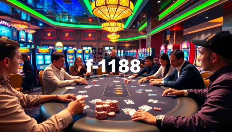 Exciting poker game at a luxurious casino featuring elements from https://f168.sarl/, showcasing poker chips, cards, and vibrant slot machines.