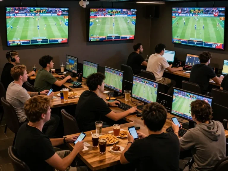 Engaged sports bettors watching live games at f168slot's dynamic environment while placing bets.
