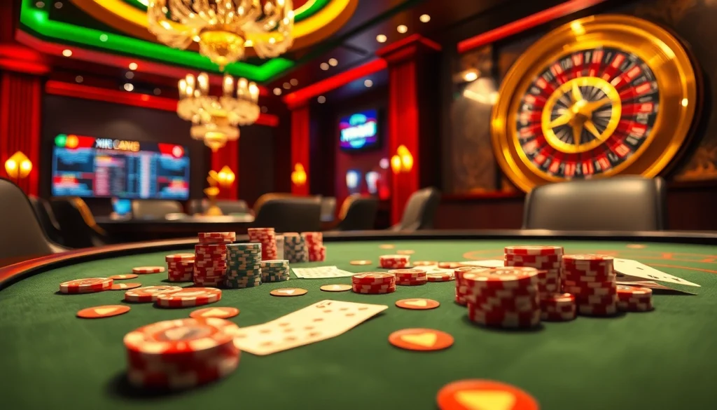 Engaging casino scene at xin88 with poker chips, cards, and a mesmerizing roulette wheel.