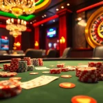 Engaging casino scene at xin88 with poker chips, cards, and a mesmerizing roulette wheel.