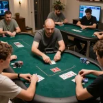 Engaging in strategic online poker gameplay on a tablet, featuring a lively atmosphere and focused players