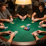Players engaging in a thrilling poker game at home, showcasing fabet strategies and social excitement