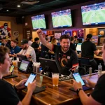 Soi kèo nhà cái with excited bettors using smartphones at a bustling sports bar