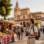 Reisetipps Sevilla: Reisender genießt die lokale Kultur vor dem Real Alcázar während der goldenen Stunde.