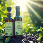 Veganes Schwarzkümmelöl in einer stilvollen Flasche voller Frische und Natürlichkeit präsentieren.