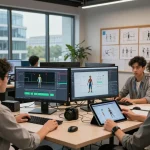 Team collaborating on advanced motion control technology in a bright studio.
