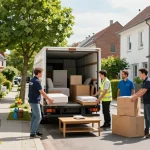 Professionelle Umzugshelfer von Umzugsunternehmen Hannover beladen einen Truck mit Möbeln in einer sonnigen Nachbarschaft