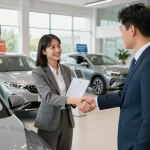 Auto Ankauf Dienstleistung, die einen Kunden und einen Vertreter zeigt, die in einem modernen Autohaus einen Deal abschließen.
