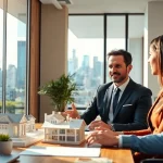 Immobilienmakler Frankfurt Preungesheim berät Kunden in modernem Büro mit Frankfurt Skyline.
