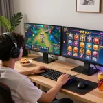 Engaging in game nổ hũ while seated at a stylish home office, showcasing excitement in online gambling.