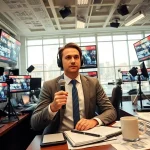Aktuelle Meldungen im modernen Nachrichtenraum mit Journalisten und Bildschirmen.