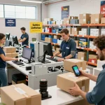 Sofort Lieferbar Produkte werden in einem lebhaften E-Commerce-Logistikzentrum organisiert
