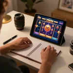 Engaging online gaming session featuring 78WIN on a tablet with strategies notes easily visible.