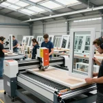 Arbeiter montieren Fensterbauprodukte in einer modernen Fabrikumgebung mit fortschrittlicher Maschinen.