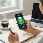 Active user playing 789 bet mobile app, engaging in strategic online casino gameplay from a cozy home office.