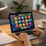 A player engaging with an exciting nổ hũ slot game during a cozy online casino session at home.