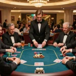 uu88 players engaged in intense poker strategy amidst luxurious casino decor