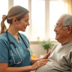 Pflegedienst Bornheim: Caring professional assists elderly person in a warm, home-like environment.