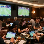34win enthusiasts analyzing stats and betting slips in a stylish sports lounge atmosphere.