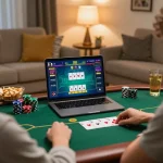Engaged player using Vmax poker interface on a laptop in a cozy home setting.