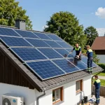 Photovoltaik Bayern Installationsteam arbeiten an Solarpanelen in Bayern und zeigen den Übergang zu erneuerbaren Energien.