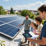 Familie prüft die Dachinstallation von Solar Wien und diskutiert über Energiekosteneinsparungen und Nachhaltigkeit in Wien.