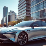 Elektroautos parken in einer urbanen Landschaft mit modernem Hintergrund.