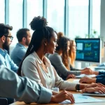 Erhalte hilfreiche Software Hilfe in einer modernen Büroumgebung mit Teamarbeit an Computern.